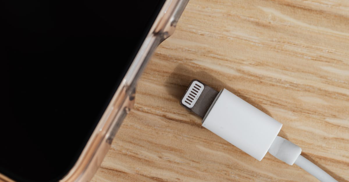 Top view of modern cellphone with empty screen in transparent cover placed near disconnected white charger usb connector on wooden background
